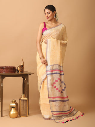 Sandal Colour Hand Woven Pure Linen Saree