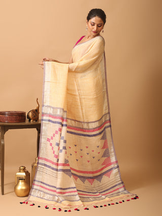 Sandal Colour Hand Woven Pure Linen Saree