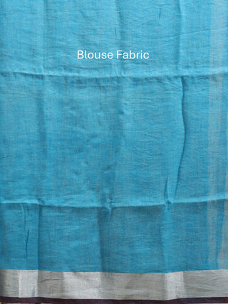 Aqua Blue Handloom Linen Saree with Silver Border