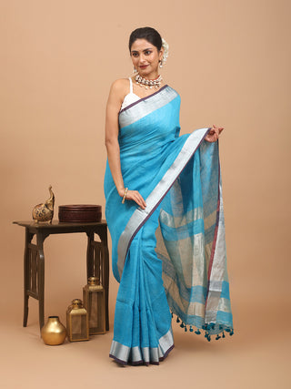 Aqua Blue Handloom Linen Saree with Silver Border