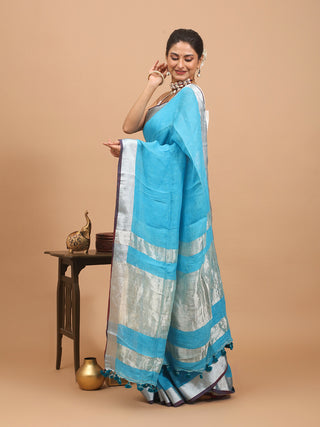 Aqua Blue Handloom Linen Saree with Silver Border