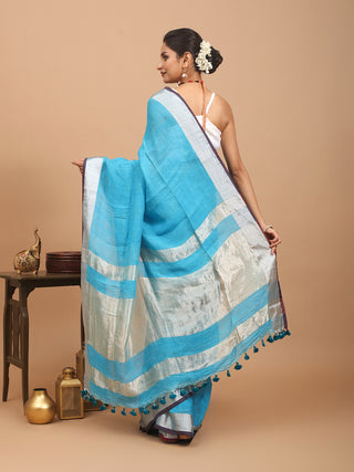 Aqua Blue Handloom Linen Saree with Silver Border