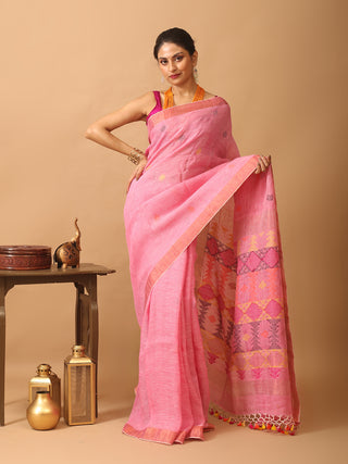 Lotus Pink Linen-Cotton Handloom Saree With Jamdani Weaves