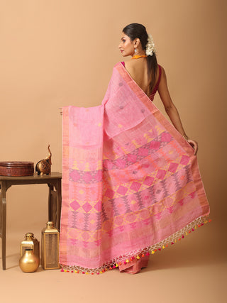 Lotus Pink Linen-Cotton Handloom Saree With Jamdani Weaves