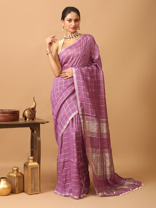 Mauve Pure Linen-Cotton Saree With Silver Zari Border And Checkered Body