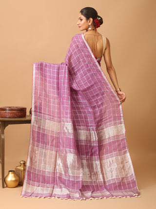 Mauve Pure Linen-Cotton Saree With Silver Zari Border And Checkered Body