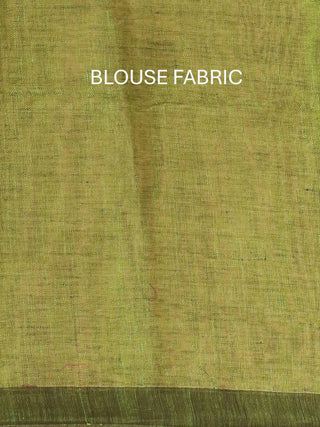 Olive Green Blended Linen Saree With Dhakai Jamdani Border