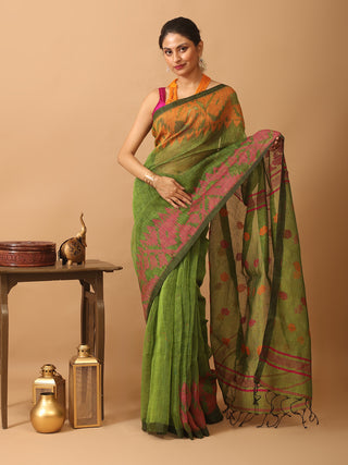 Olive Green Blended Linen Saree With Dhakai Jamdani Border