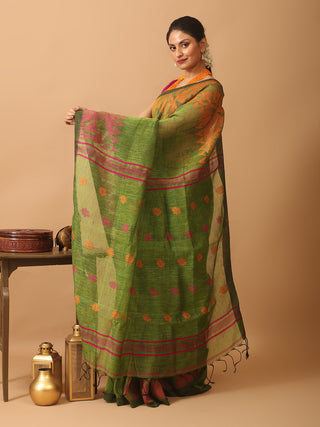 Olive Green Blended Linen Saree With Dhakai Jamdani Border