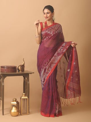 Red And Blue Dual Tone Blended Linen Saree With Dhakai Jamdani Border