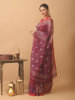 Red And Blue Dual Tone Blended Linen Saree With Dhakai Jamdani Border