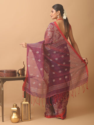 Red And Blue Dual Tone Blended Linen Saree With Dhakai Jamdani Border