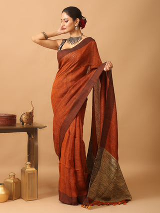 Rust Pure Linen-Cotton Saree With Jute Woven Pallu