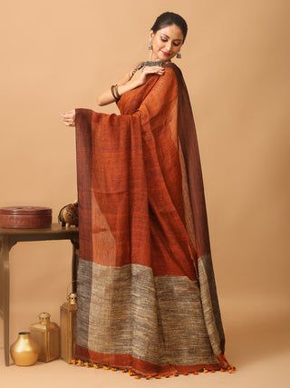 Rust Pure Linen-Cotton Saree With Jute Woven Pallu