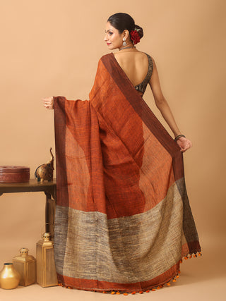 Rust Pure Linen-Cotton Saree With Jute Woven Pallu