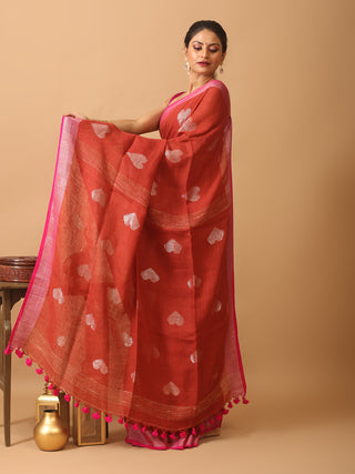 Rust Pure Linen Saree With Antique Gold Zari Border