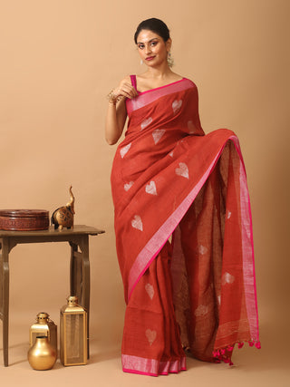 Rust Pure Linen Saree With Antique Gold Zari Border