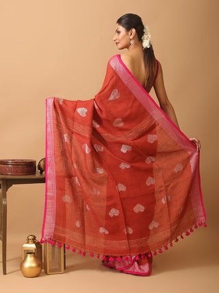 Rust Pure Linen Saree With Antique Gold Zari Border