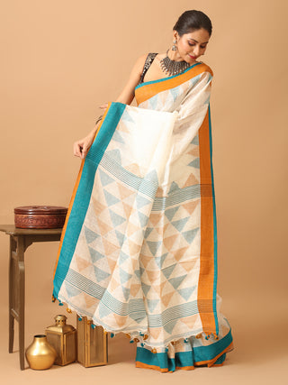 White Linen-Cotton Handloom Saree With Ganga-Jamuna Border