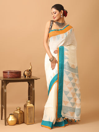 White Linen-Cotton Handloom Saree With Ganga-Jamuna Border