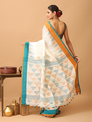 White Linen-Cotton Handloom Saree With Ganga-Jamuna Border