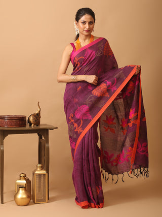Wine Colour Linen-Cotton Handloom Saree With Jamdani Weaves