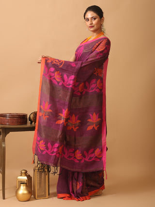 Wine Colour Linen-Cotton Handloom Saree With Jamdani Weaves