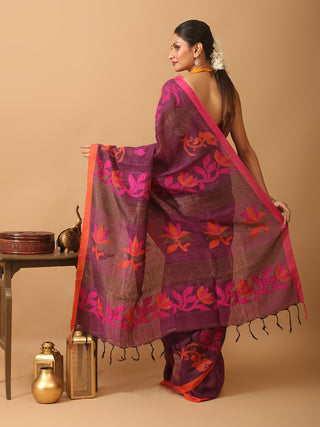 Wine Colour Linen-Cotton Handloom Saree With Jamdani Weaves