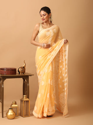 Light Yellow Georgette Saree with Hand Lucknowi Embroidery