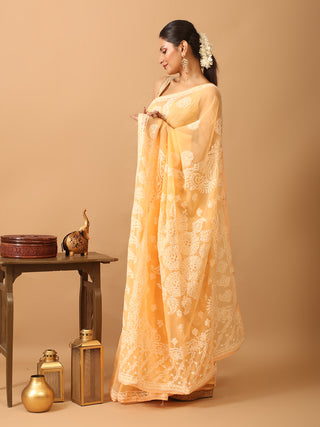 Light Yellow Georgette Saree with Hand Lucknowi Embroidery