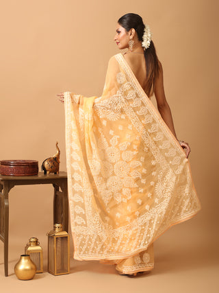 Light Yellow Georgette Saree with Hand Lucknowi Embroidery