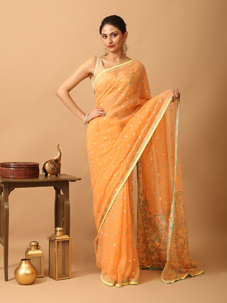 Light Orange Georgette Saree with Multicolour Lucknowi Thread Work