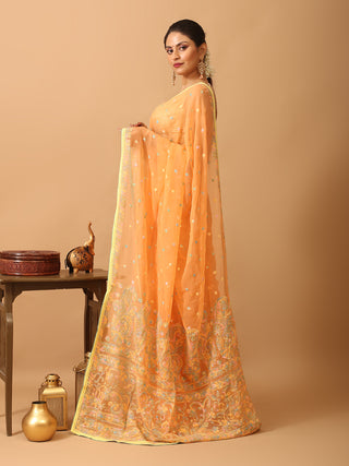 Light Orange Georgette Saree with Multicolour Lucknowi Thread Work