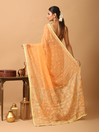 Light Orange Georgette Saree with Multicolour Lucknowi Thread Work
