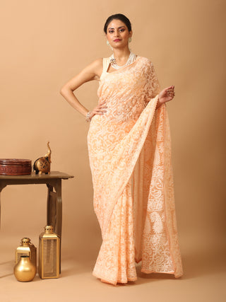 Peach Georgette Saree with All Over Hand Lucknowi Embroidery