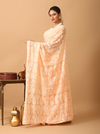 Peach Georgette Saree with All Over Hand Lucknowi Embroidery