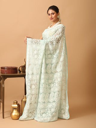 Aqua Blue Georgette Saree With All Over Hand Lucknowi Embroidery