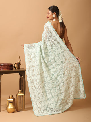 Aqua Blue Georgette Saree With All Over Hand Lucknowi Embroidery