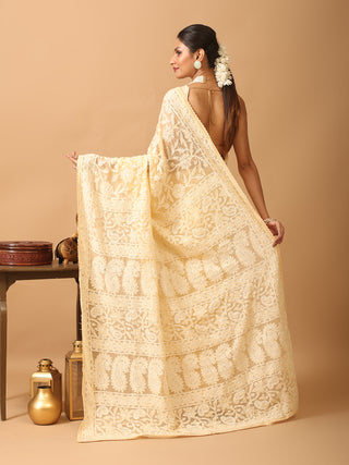 Sandal Georgette Saree with All Over Hand Lucknowi Thread Work