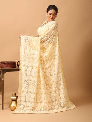 Sandal Georgette Saree with All Over Hand Lucknowi Thread Work