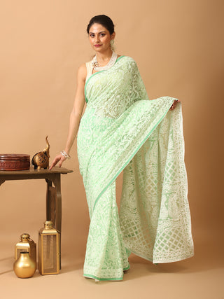 Sea Green Georgette Saree with All Over Hand Lucknowi Thread Work