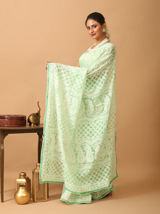 Sea Green Georgette Saree with All Over Hand Lucknowi Thread Work