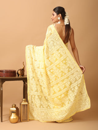 Light Yellow Georgette Saree with All Over Hand Lucknowi Thread Work