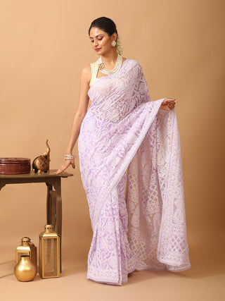 Lavender Georgette Saree with All Over Hand Lucknowi Thread Work