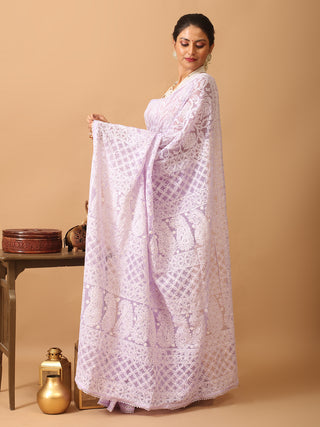 Lavender Georgette Saree with All Over Hand Lucknowi Thread Work