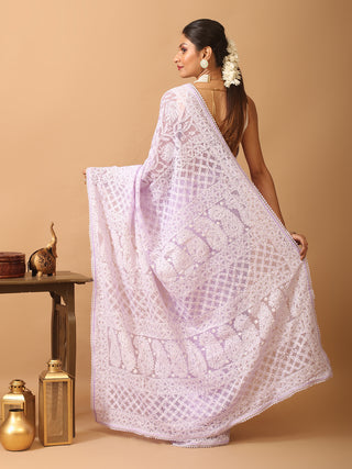 Lavender Georgette Saree with All Over Hand Lucknowi Thread Work