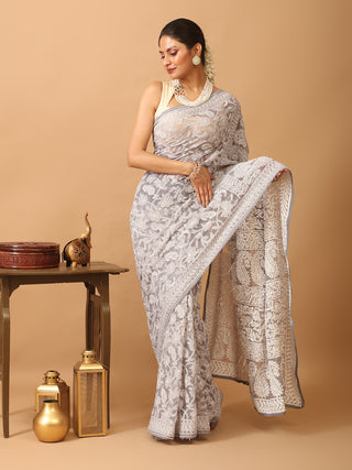 Grey Georgette Saree with All Over Hand Lucknowi Thread Work