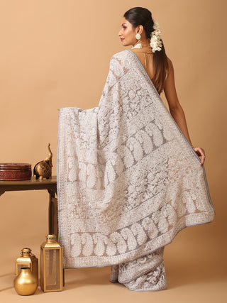 Grey Georgette Saree with All Over Hand Lucknowi Thread Work