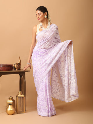 Lavender Georgette Saree with Hand Lucknowi Thread Work and Mukaish Detailing