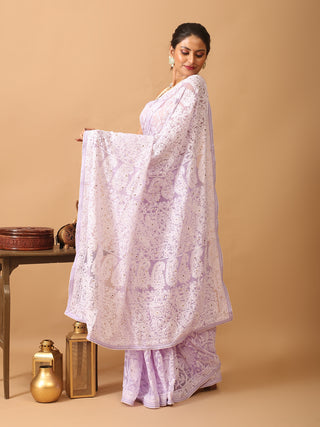 Lavender Georgette Saree with Hand Lucknowi Thread Work and Mukaish Detailing